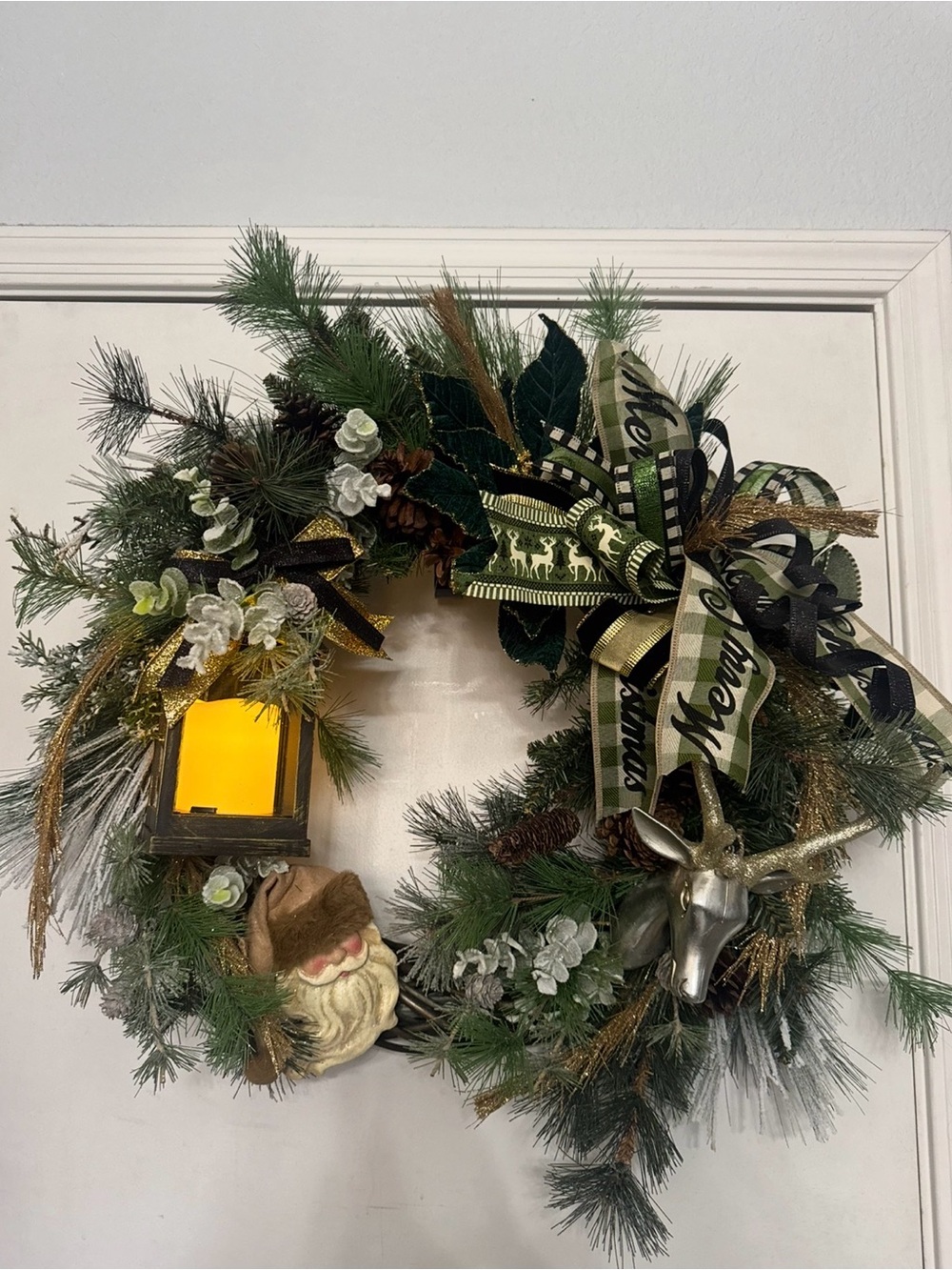 Old World Pine Wreath with Lighted Lantern, Deer Accent & Ribbon